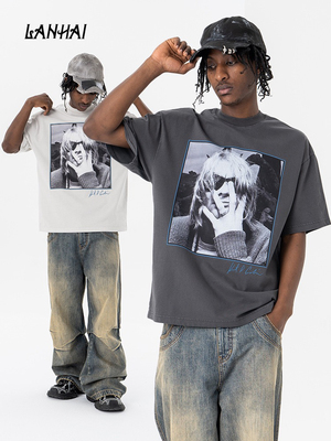 潮牌美式高街科特柯本Kurt Cobain摇滚Nirvana乐队人像印花短袖衫