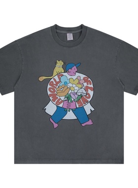 26SS春夏季新款美式街头潮牌卡通捧花印花水洗短袖T恤男女宽松INS