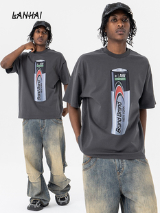26AW夏季新款大王中性电池印花圆领短袖T恤男女款宽松休闲上衣潮