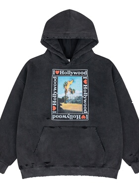 PlayHollywood好莱坞字母印花外套情侣宽松休闲破洞加绒连帽卫衣