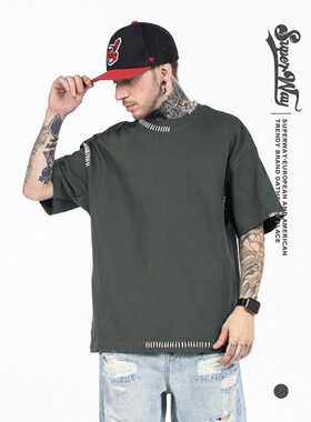 夏季美式潮牌手工缝线设计感T恤复古宽松男女情侣圆领纯色短袖潮