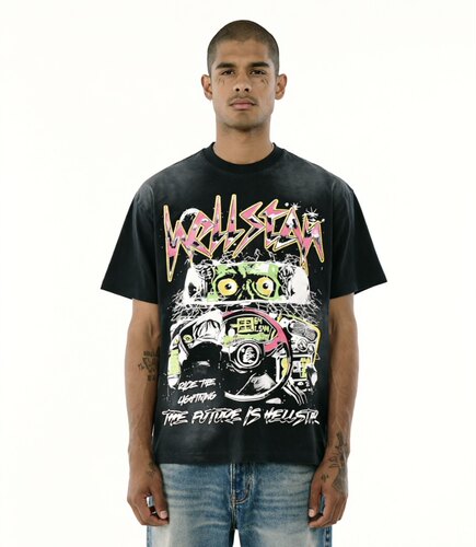 HELLSTAR地狱之星车标骷髅头驾驶赛车涂鸦插画印花水洗做旧短袖T