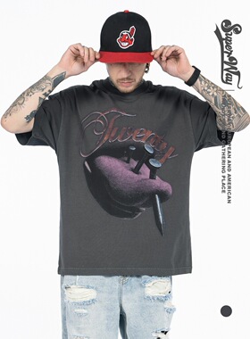 美式重磅复古嘻哈恶搞舌头钉子字母T恤男女宽松休闲潮流圆领短袖