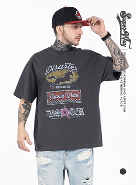 潮牌重磅纯棉美式复古梵文字母奔跑的野马裂纹oversize短袖T街头