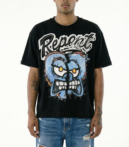 欧美潮牌BKYS Repent F-Terry Cropped Tee蓝色骷颅烫钻毛圈短袖