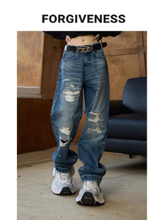 FORGIVENESS水洗美式休闲潮牛仔裤男破坏割烂纹理高级感做旧宽松
