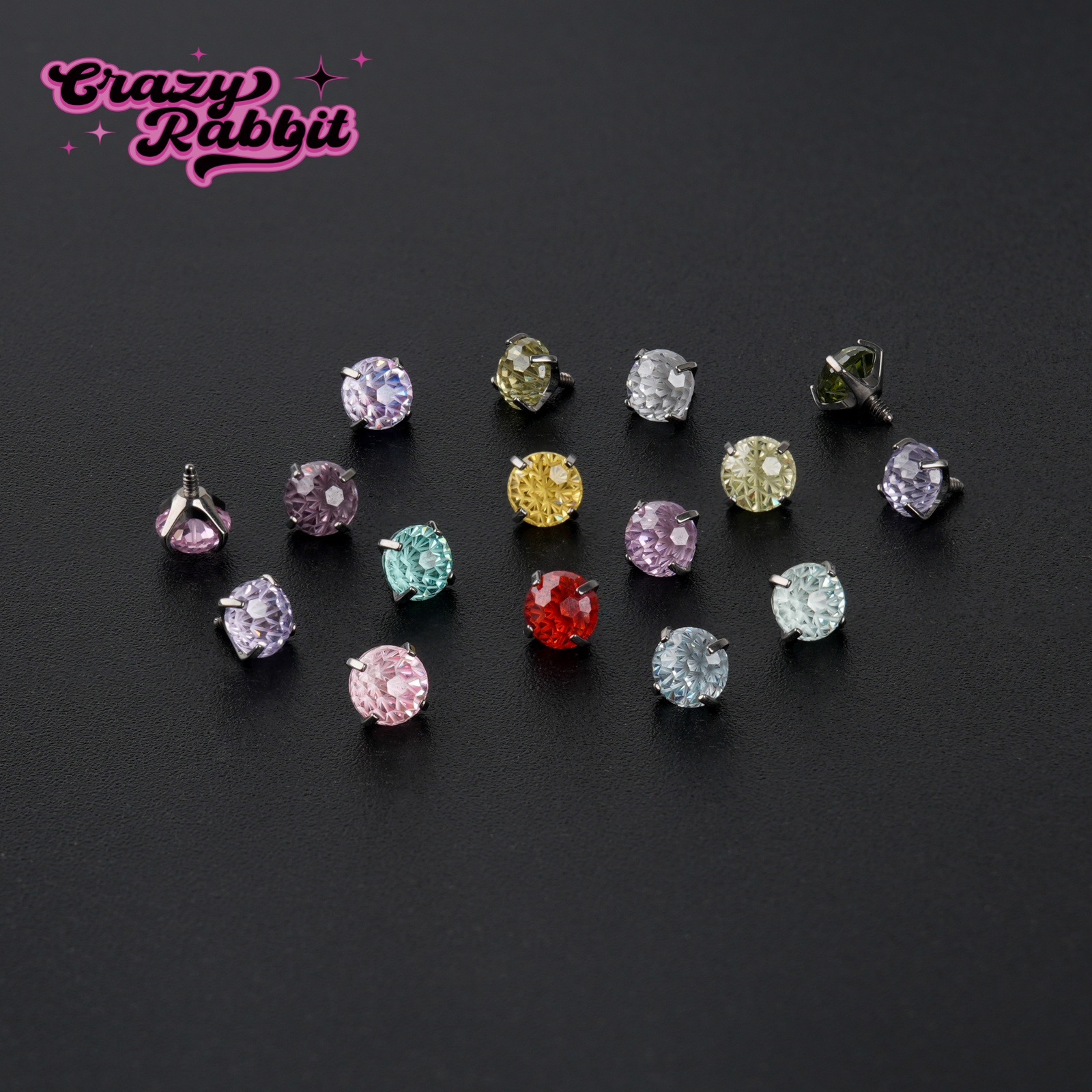 CrazyRabbit 4mm爆闪烟花切锆石钛合金耳钉耳饰品螺旋插针耳骨钉