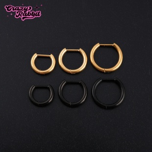 CrazyRabbit 医用钛合金黑金色素圈耳环简约个性D型环黑耳扣耳钉