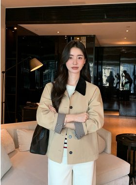 Maven Lin 至臻品质 撞色灯芯绒翻领夹克女气质立领短款风衣外套