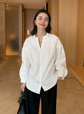 Maven Lin【现货6.5折】白色v领衬衫女长袖小众衬衣法式气质上衣