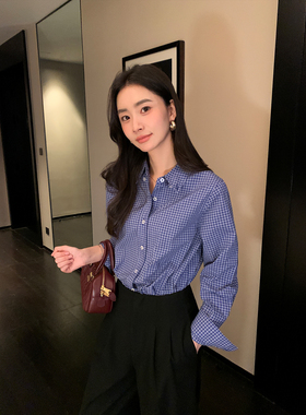 Maven Lin 美拉蓝格子衬衫女春秋新款高级感叠穿上衣韩系宽松衬衣