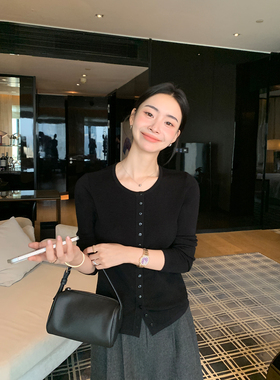 Maven Lin 柔软感知 灰色圆领针织开衫女气质优雅长袖打底衫上衣