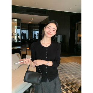 Lin 打底衫 柔软感知 女气质优雅长袖 上衣 灰色圆领针织开衫 Maven