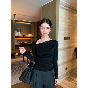 长袖 Maven 莱赛尔斜领针织上衣女不规则褶皱修身 奢逸智感 T恤 Lin
