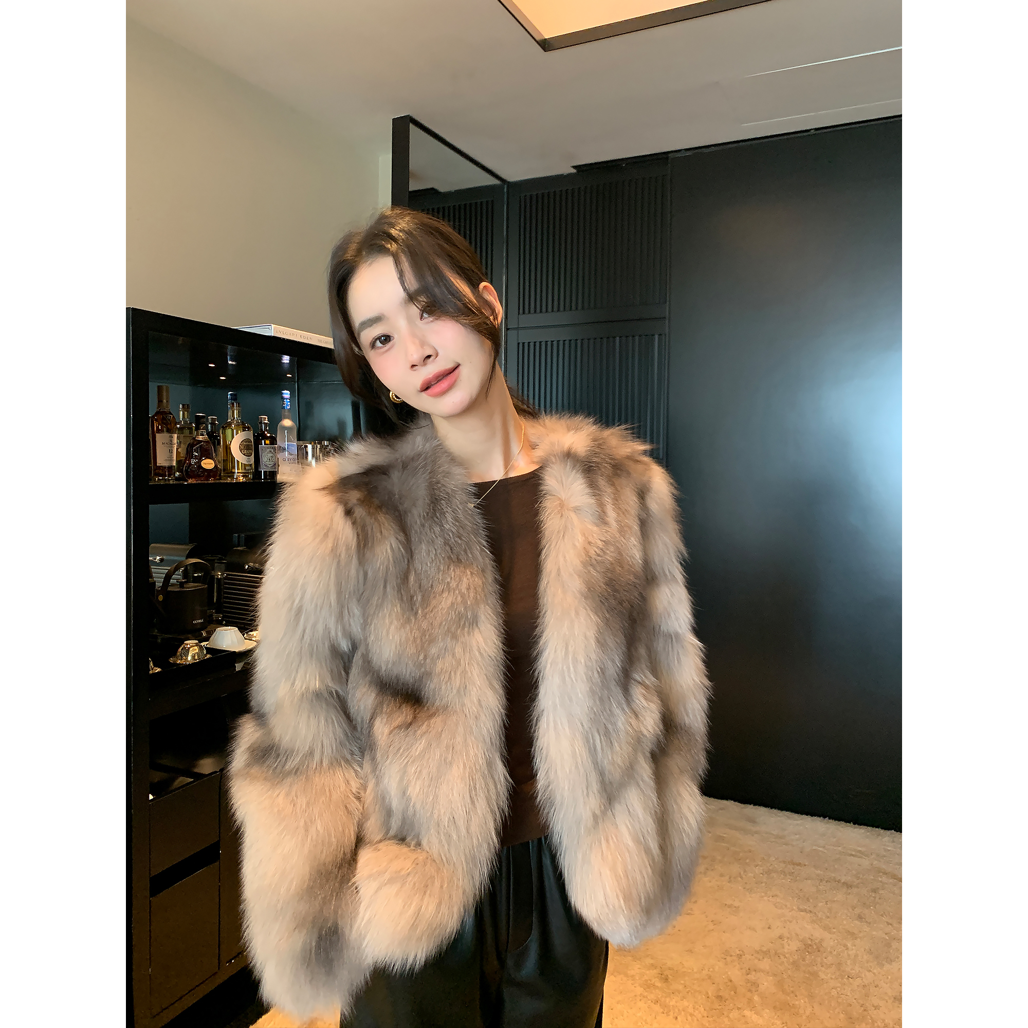 高品质染双色狐狸毛皮草外套女