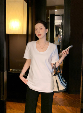 Maven Lin 轻都市松弛感 白色短袖T恤女U领宽松正肩双面针织上衣