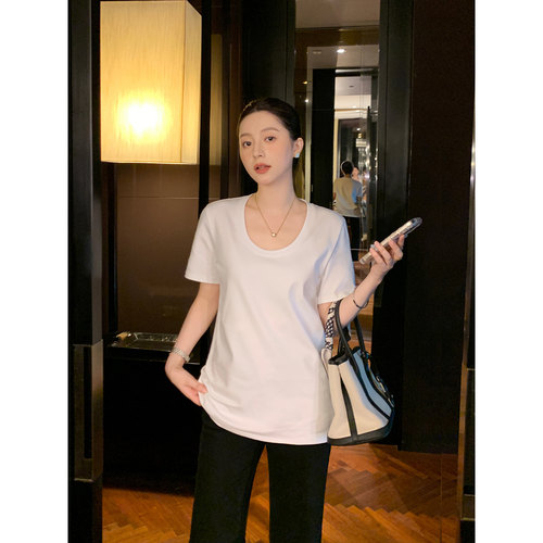 Maven Lin 轻都市松弛感 白色短袖T恤女U领宽松正肩双面针织上衣