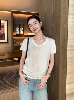 Maven Lin 莱赛尔白色短袖V领t恤女夏季简约气质宽松显瘦正肩上衣
