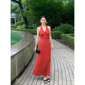 Maven 复古红挂脖吊带裙女贵价1OO亚麻连衣裙 法式 Lin 艺术印象