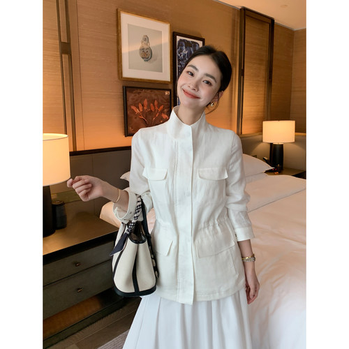 Maven Lin 老钱vibe原生态100%亚麻工装外套女极简立体四口袋夹克