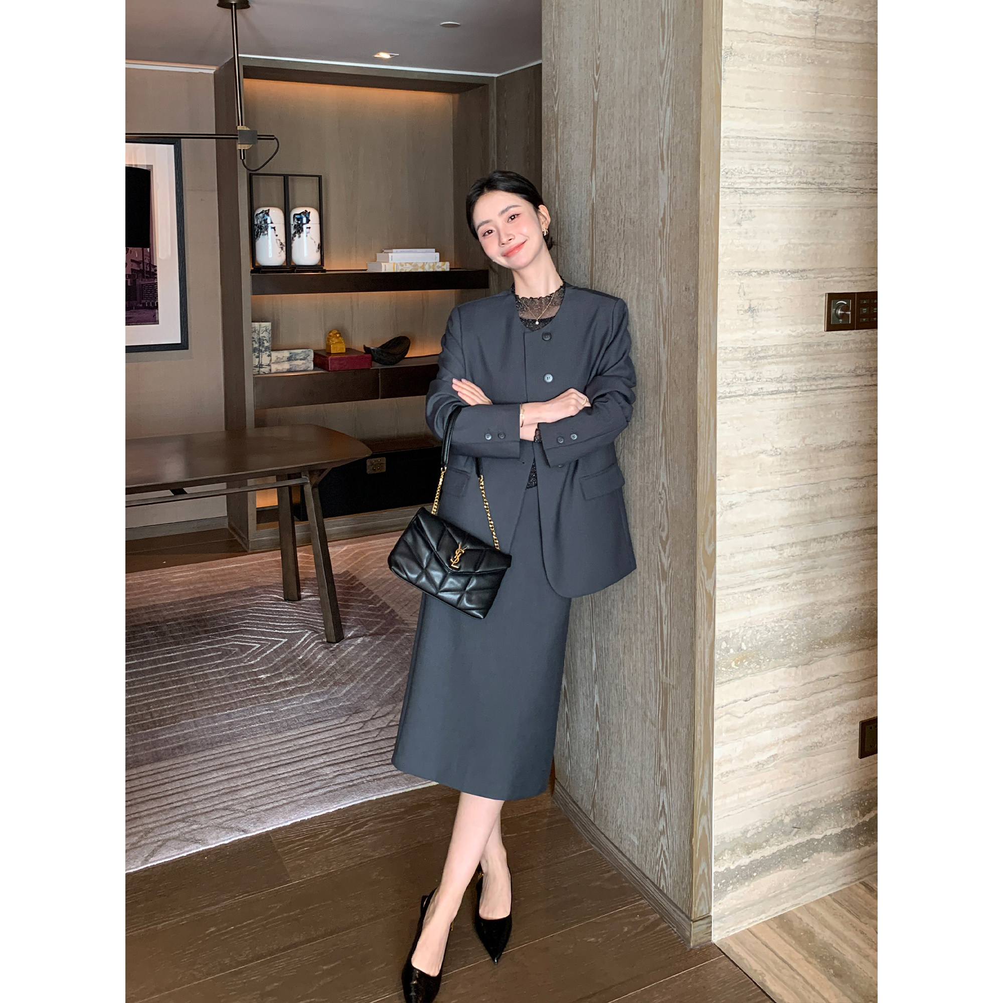 Maven Lin 知性通勤 高级灰白领宽松休闲西装外套+直筒半身裙套装,女装/女士精品,时尚套装,淘宝优惠券,粉丝福利购,淘宝优惠卷