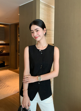 Maven Lin 复古老钱格调 1OO亚麻马甲背心女夏圆领西装马夹上衣