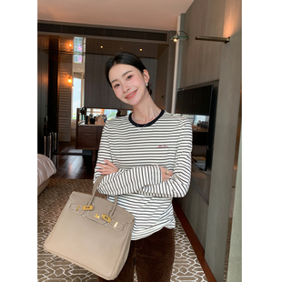 条纹圆领长袖 Maven 经典 质感线条 t恤女气质宽松针织打底上衣 Lin