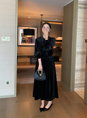 Maven Lin 私宴焦点 优雅V领丝绒长袖衬衫女气质垂坠大摆伞裙套装