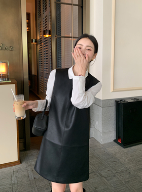 Maven Lin【现货7折】精致酷感 经典圆领pu皮背心裙女无袖连衣裙