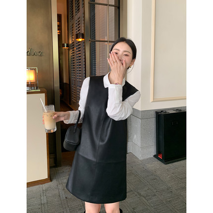 Maven Lin【现货7折】精致酷感 经典圆领pu皮背心裙女无袖连衣裙