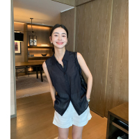Maven Lin 黛絲苧麻無(wú)袖襯衫女輕薄翻領(lǐng)排扣休閑微透感背心襯衣