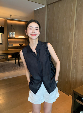 Maven Lin 黛丝苎麻无袖衬衫女轻薄翻领排扣休闲微透感背心衬衣