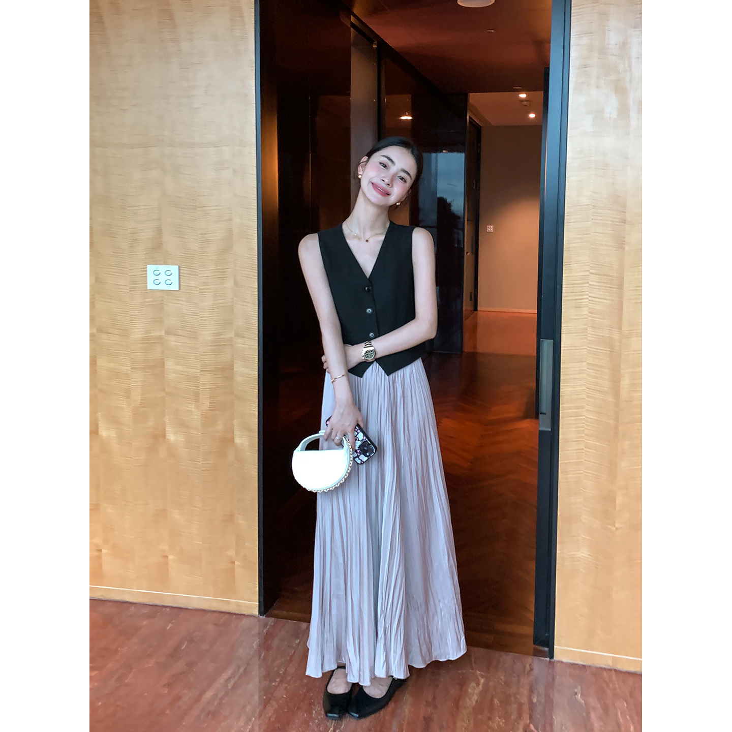 Maven Lin 紫陌轻漾|重工压褶流光缎面半身裙女轻奢优雅垂感长裙