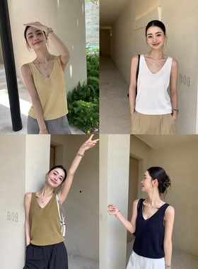 Maven Lin 甄选精梳棉混纺纱基础V领针织吊带上衣女莱赛尔背心夏