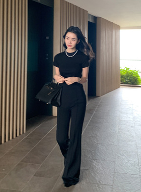 Maven Lin【现货7折】黑色高腰喇叭裤女休闲设计感针织拖地长裤