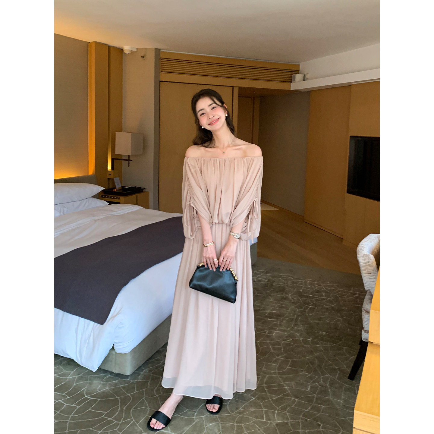 Maven Lin 温柔婉约 优雅灯笼袖一字领雪纺衫女A字半身长裙套装