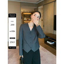 Maven Lin 黑色V领短款西装外套女2025秋冬新款设计感小众西服