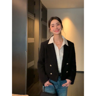 精选粗花呢小香风女翻领纽扣羊毛短款 现货7折 外套 Lin Maven