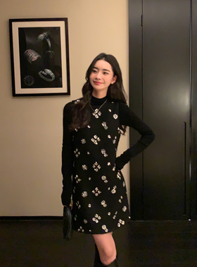 Maven Lin轻奢粗花呢子a字背心裙女短款小香风重工珠片绣花连衣裙