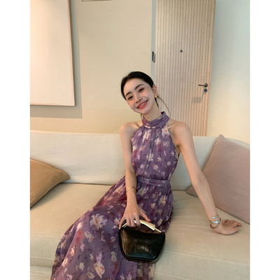 Maven Lin 柔美印花肌理雪纺|削肩挂脖连衣裙女气质优雅无袖长裙