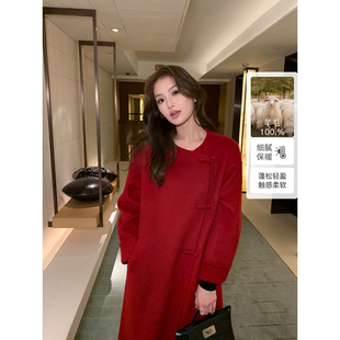 全羊毛盘扣双面呢外套女新中式 国风诗意 红色呢子大衣 Lin Maven