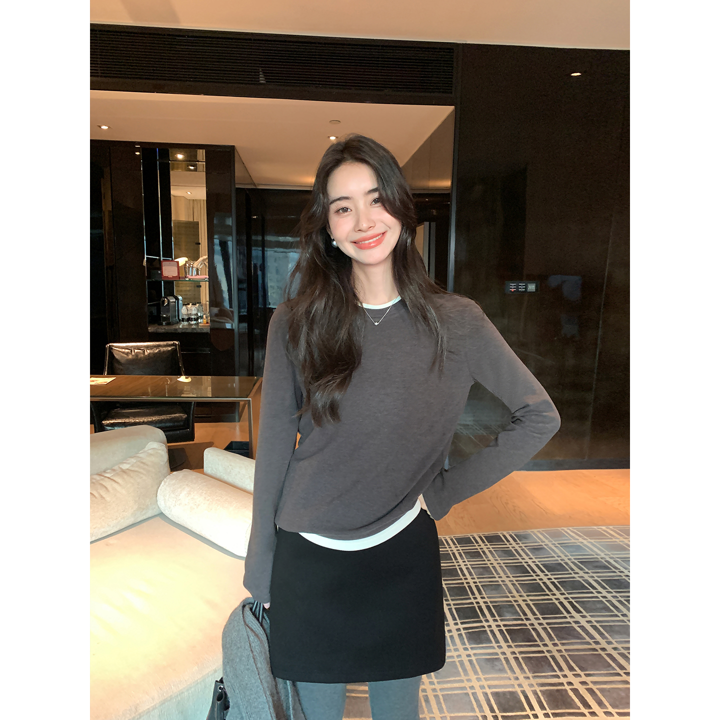 Maven Lin 轻松小调 经典圆领假两件长袖T恤女宽松设计感针织上衣