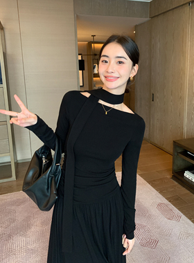 Maven Lin 飘带一字肩连衣裙女秋冬长袖露肩收腰显瘦内搭气质长裙