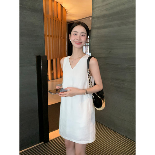1OO亚麻V领无袖连衣裙宽松背心裙