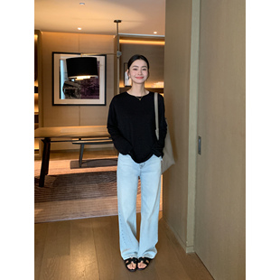 Lin 女夏休闲宽松高腰显高阔腿长裤 经典 直筒牛仔裤 子 基础版 Maven