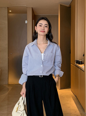 Maven Lin 蓝色条纹衬衫女春装新款法式长袖衬衣设计感叠穿上衣