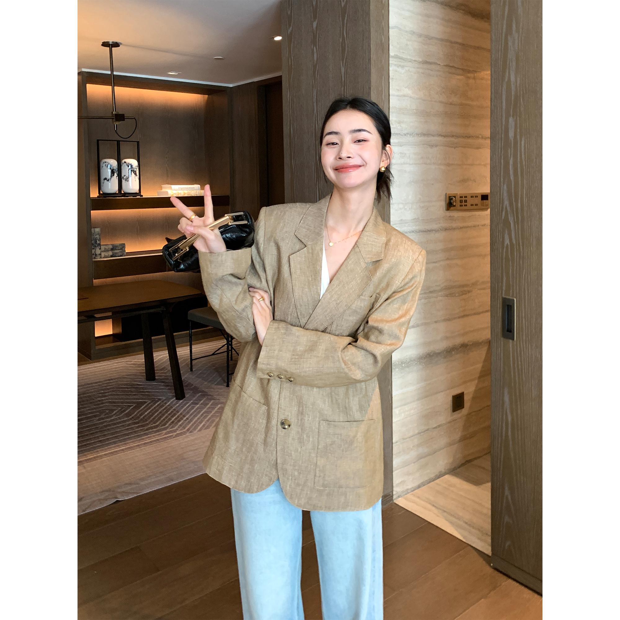 Maven Lin 老钱风廓形亚麻西装外套女气质肌理感休闲干练小西服