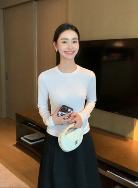 Maven Lin 质感之选 莱赛尔长袖T恤女轻薄微透修身圆领针织上衣