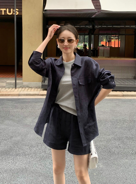 Maven Lin 重磅100亚麻长袖衬衫套装女老钱风开衫衬衣短款休闲裤