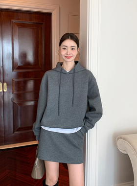 Maven Lin 松弛系列丨oversize连帽卫衣女灰色通勤休闲半身裙套装